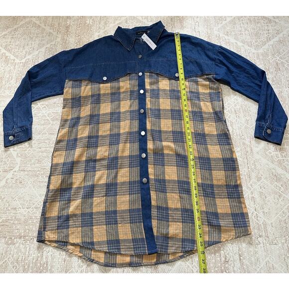 Denim Flannel Shirt Dress Plaid Long Sleeve Button Tunic Cotton Plus Sz 2XL - Picture 7 of 12